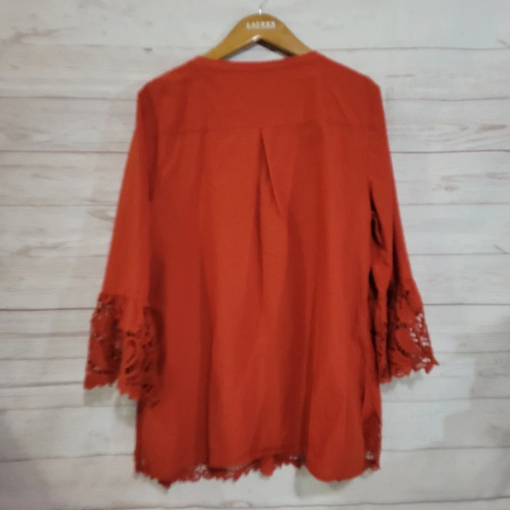 Chicos Button Up Tunic Top Womens 12/14 Terre Cotta Crochet 3/4 Sleeve Boho